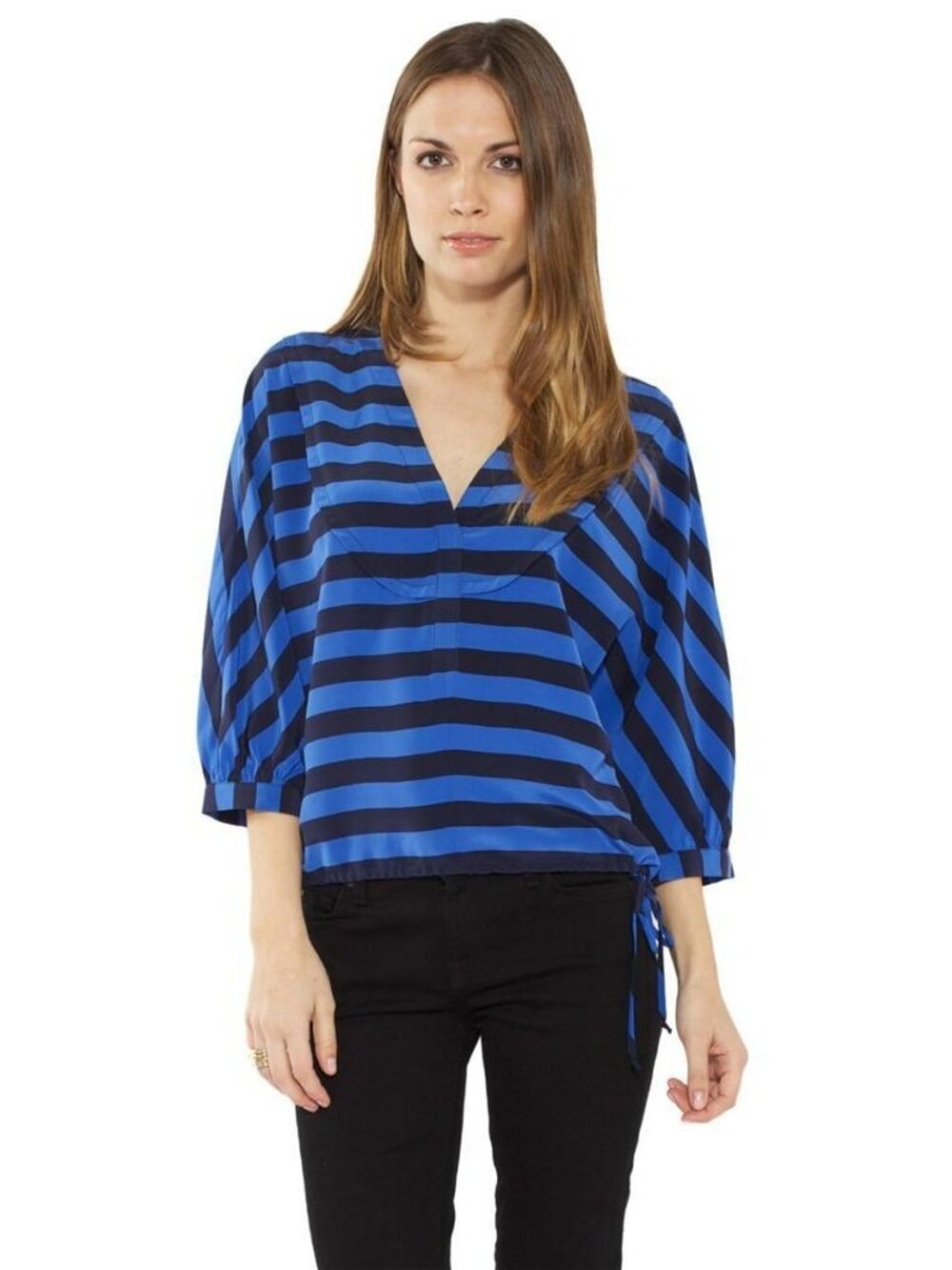 BCBG Hali Blouse Larkspur Blue Black Striped Drawstring 100% Silk Boxy Top NWT